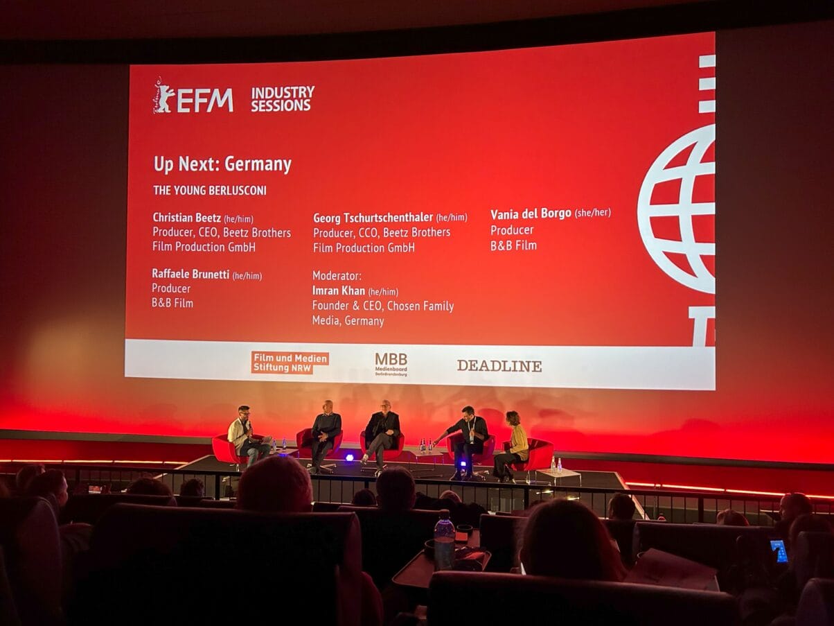 Up Next: Germany, Berlinale 2024 (v. l. n. r.) Imran Khan, Raffaele Brunetti, Christian Beetz, Georg Tschurtschenthaler, und Vania del Borgo im Gespräch zur Produktion von „The Young Berlusconi".