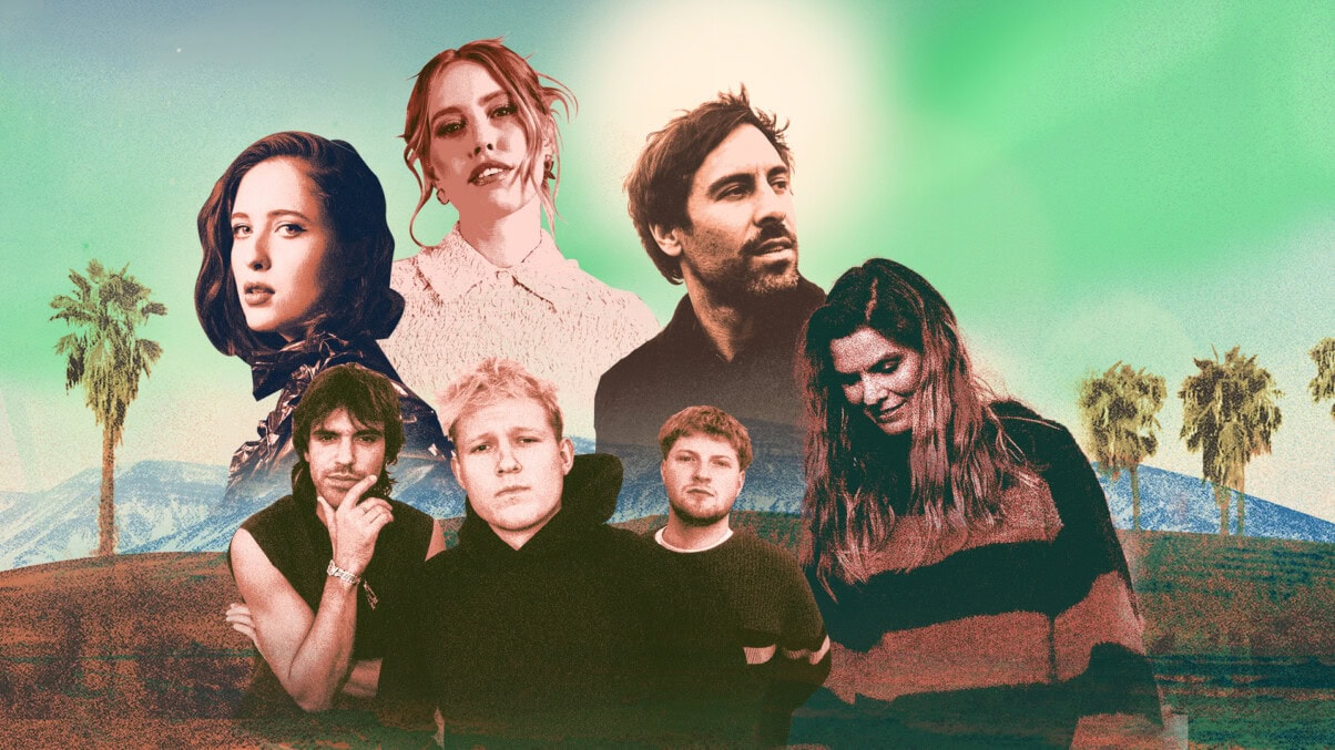 TV & Streaming Tipps im Juni "Song Trip: LEA x Trinidad und Tobago": Montage: Vor einer Landschaft mit Palmen und Bergen unter einem grünen Himmel liegen die Porträtaufnahmen von sieben Personen: Alice Merton, LEA, Max Giesinger, drei Mitglieder der Band 01099 und Eva Briegel.